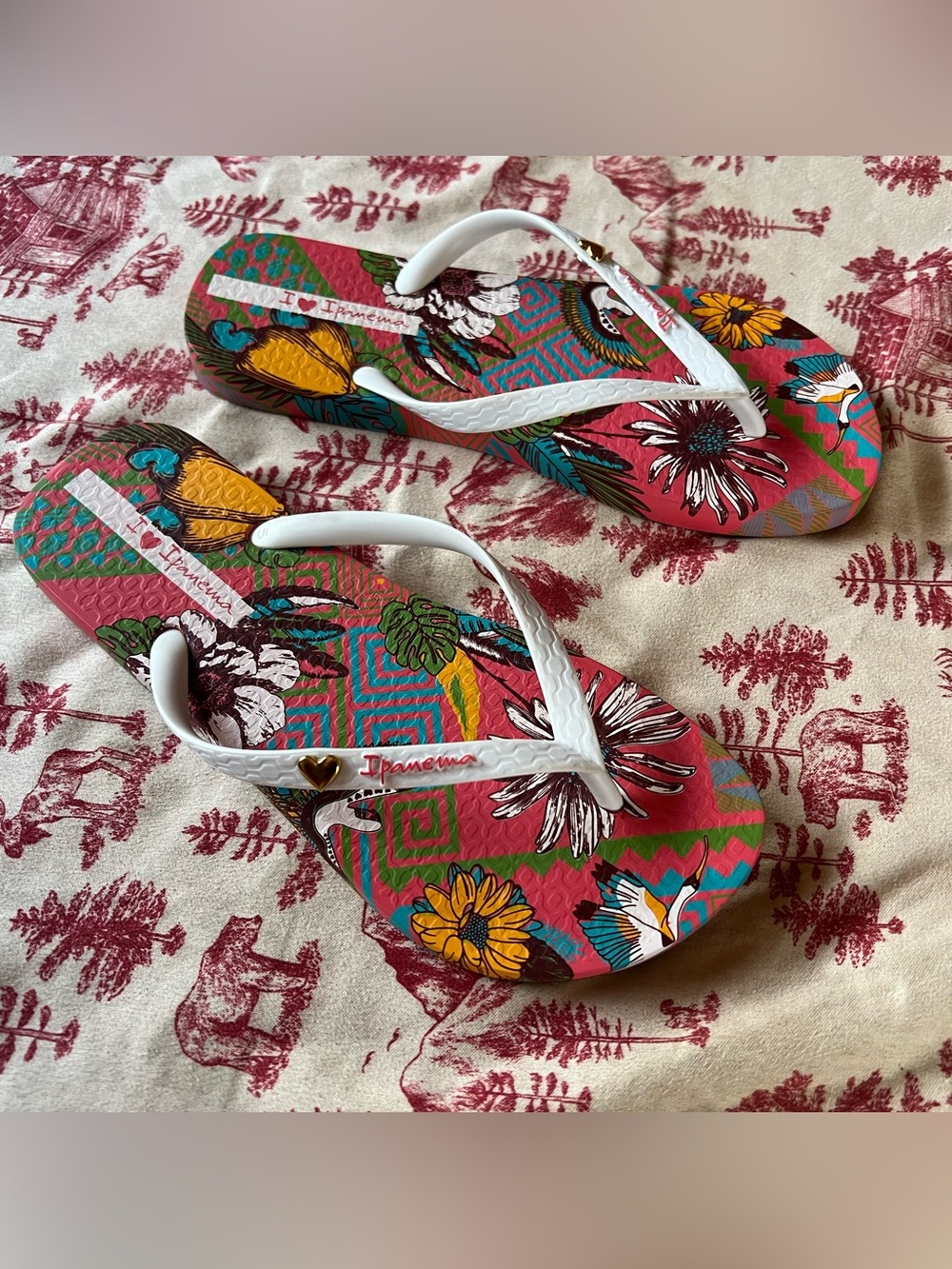 Ipanema Pink Tropical Floral Flip Flops with White Straps